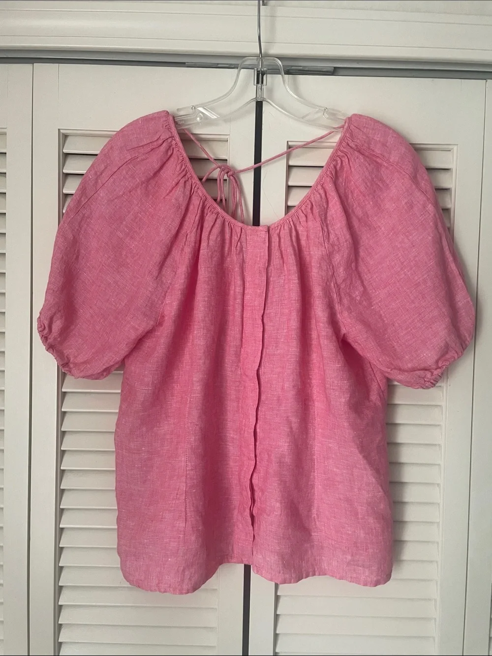 J. Crew V-back 100% linen top Sz 8 pink button front puff sleeves